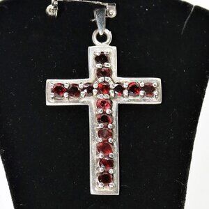 Genuine Garnet Cross, 925 Sterling Silver, Pendant, Genuine Garnet Gemstone